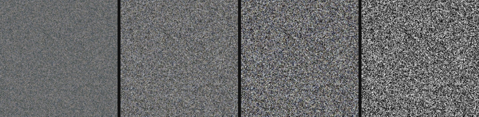 Four squares of gray grain, from barely visible on the left to coarse black and white grain on the right.