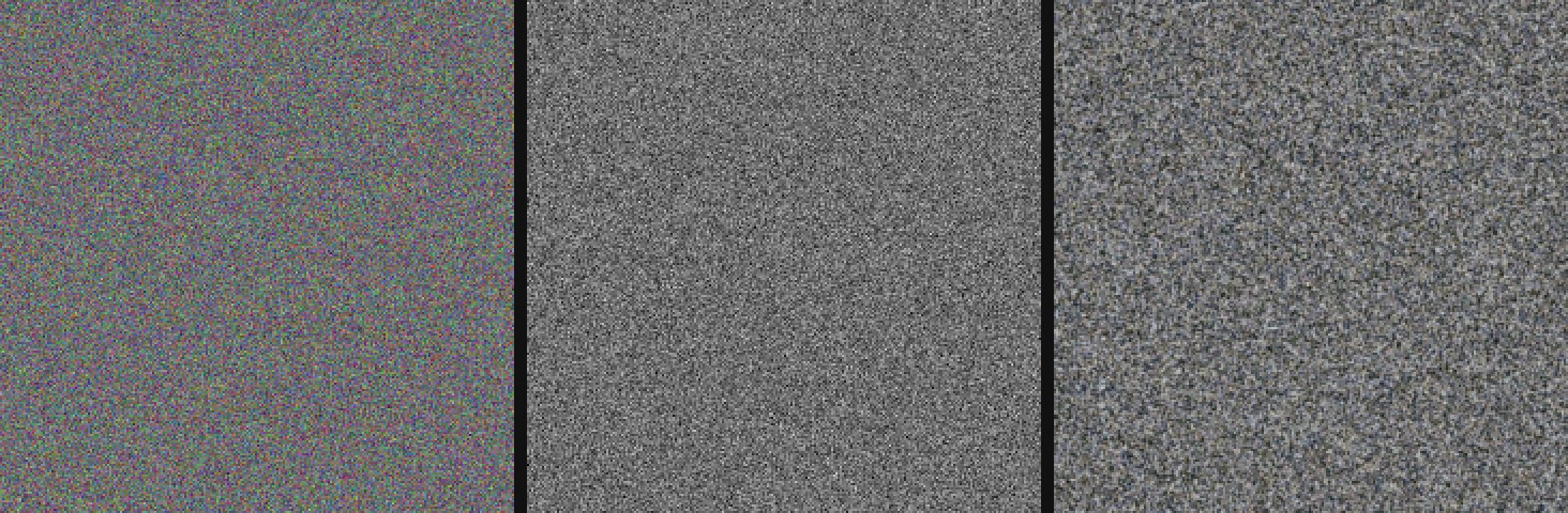 Three squares of gray texture: fine colored speckle, fine gray speckle, and larger round gray clumps.