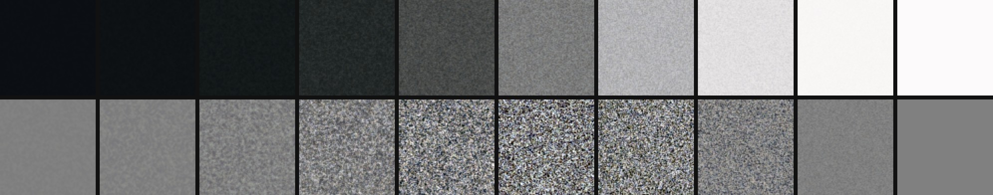 Ten gray patches from black to white; under each, its grain alone, faint at the ends and strongest in the middle.