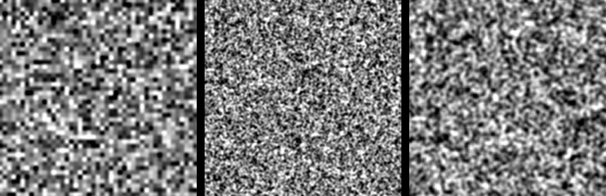 Three squares of gray grain enlarged: square blocks and streaks on the left, fine round grain in the middle, larger round clumps on the right.