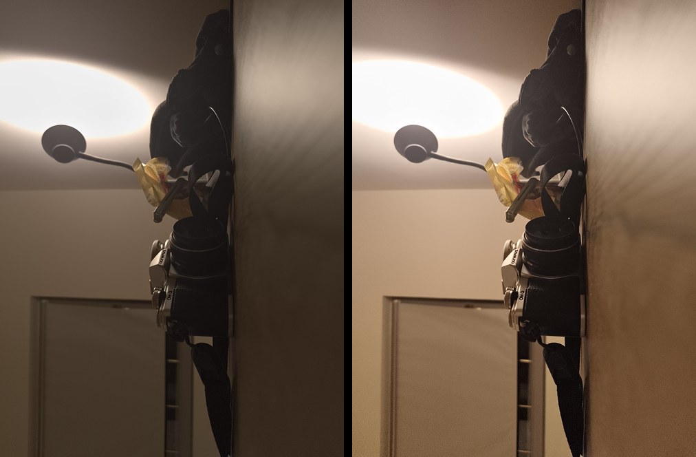 Two frames of a lamp, a camera and a doorway at the same exposure: on the left darker with the lamp’s bright disc kept, on the right brighter and flatter.
